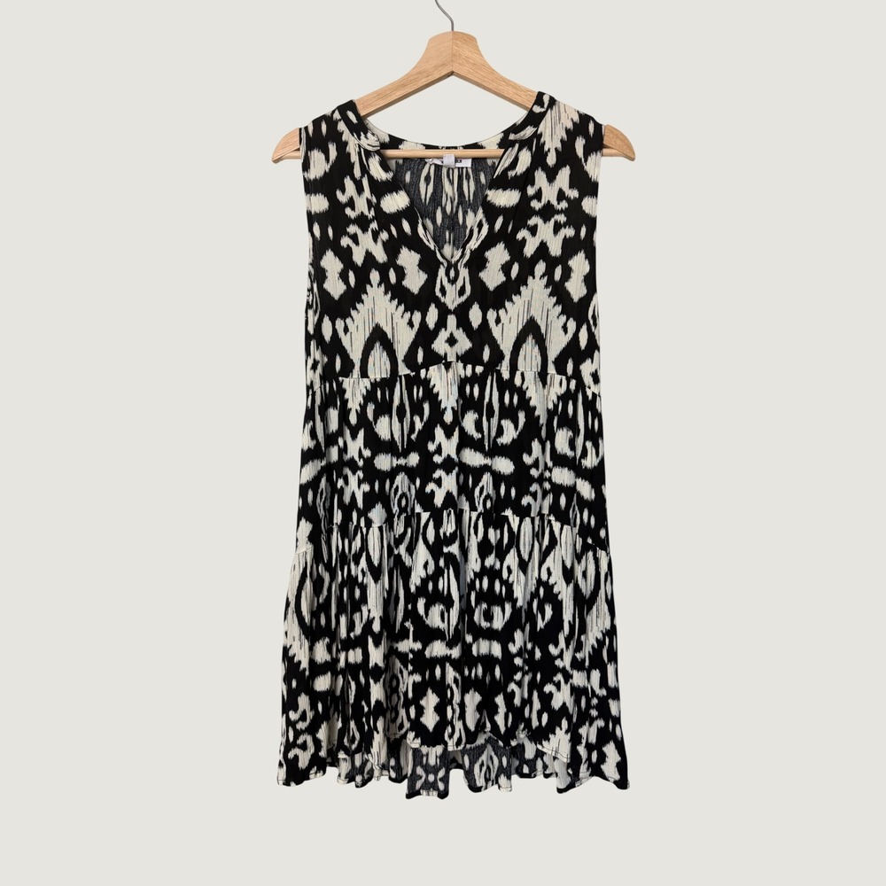 Steve Madden Womens Small Black White Ikat Tiered Sleeveless V-Neck Mini Dress